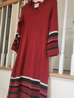 Red Long Sleeve Knit Dress with Striped Hem and Cuffs